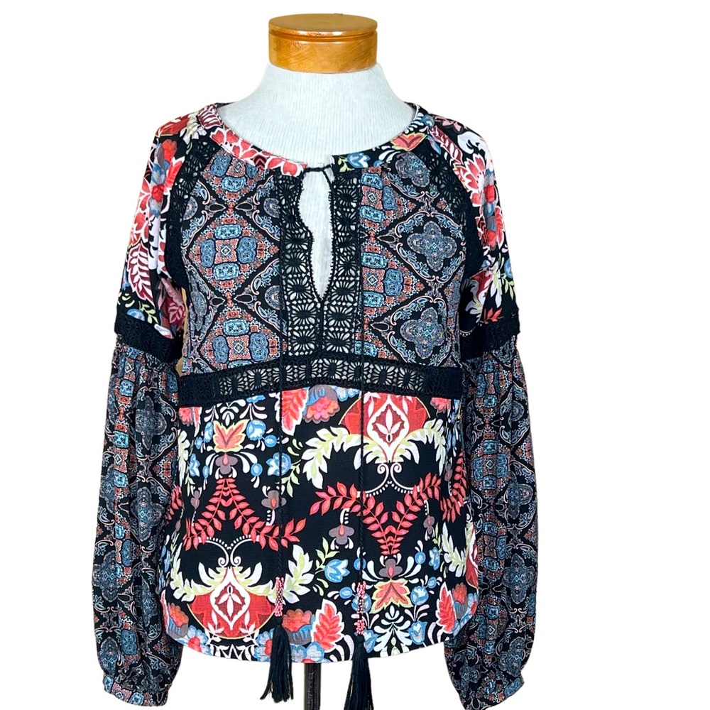 Ban Jara Women’s Boho Top With Statement Sleeves & Beaded Tassel Ties XS